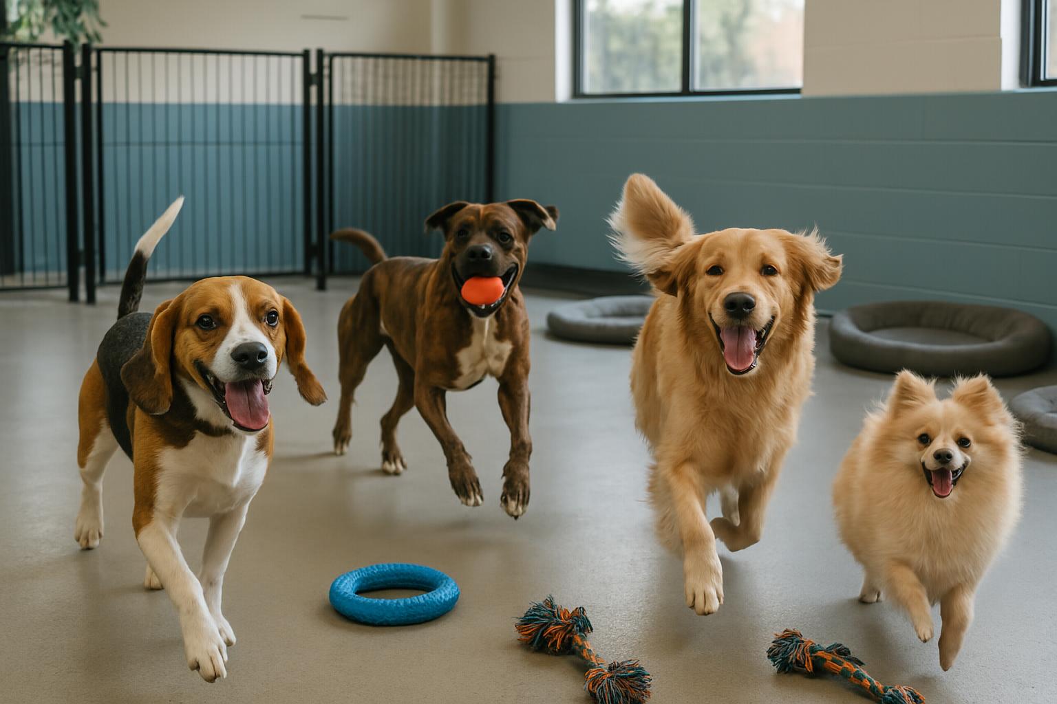 Dogs playing in a dog hotel